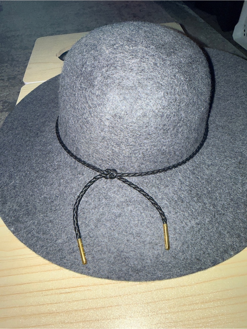 Womens Gray Wide-Brim Felt Hat with Braided Tie and Gold Accents